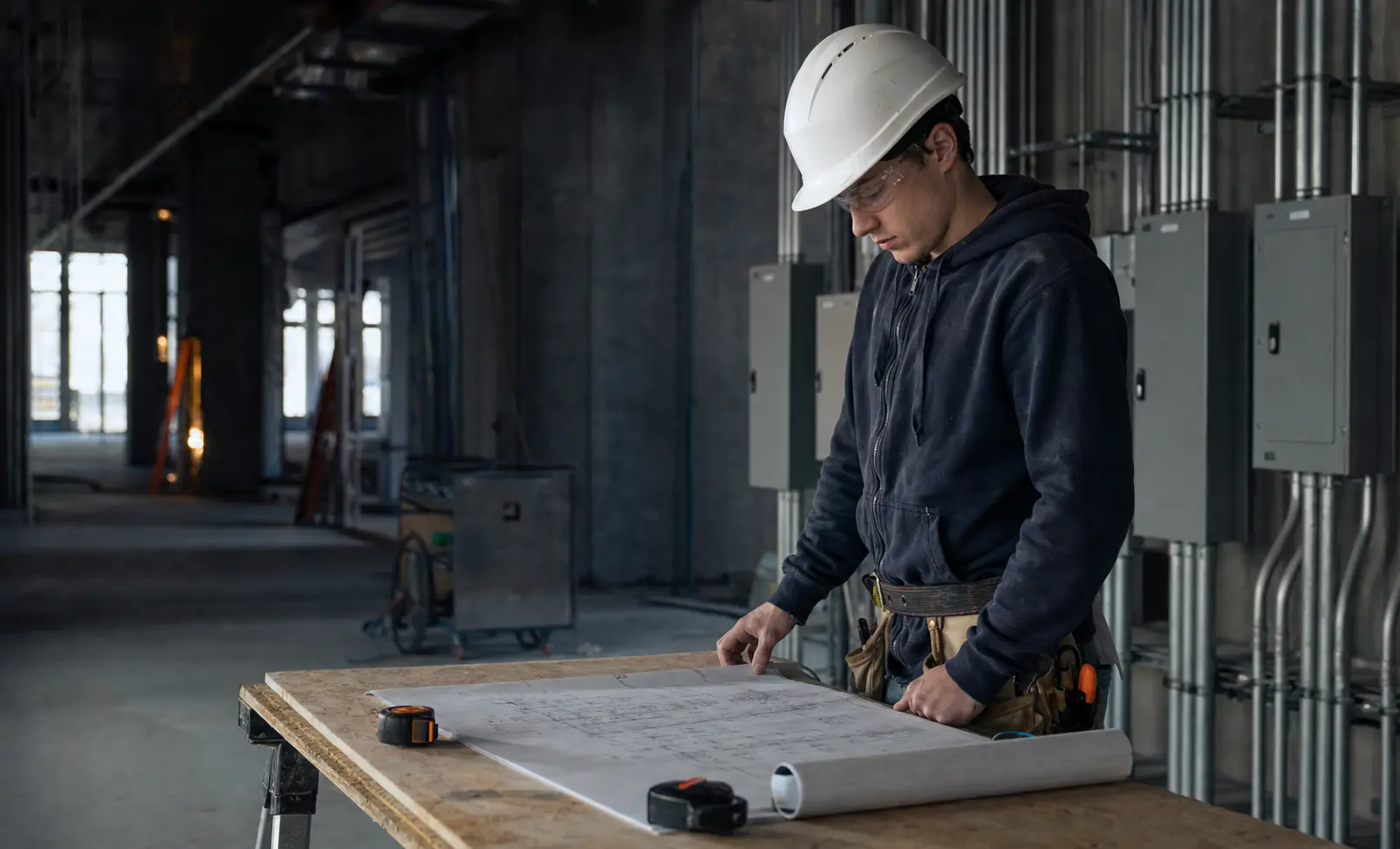Illustrative scene of an apprentice reviewing a plan before work begins
